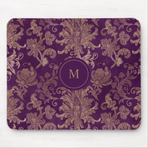 royal purple gold damask monogram mouse pad