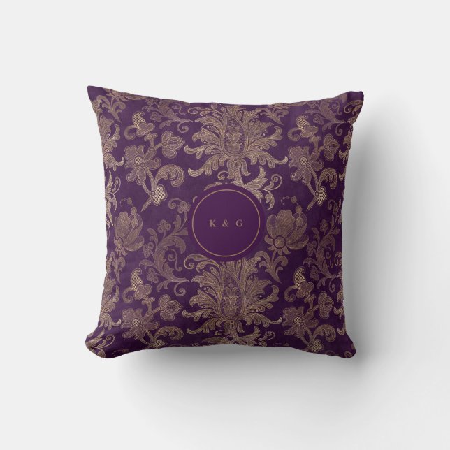 royal purple gold damask monogram throw pillow (Front)
