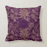 royal purple gold damask monogram throw pillow