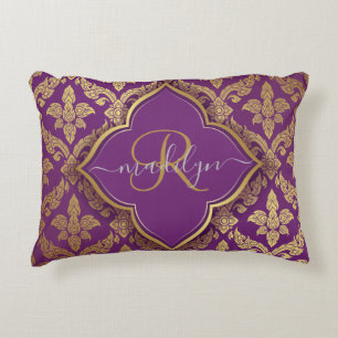 Royal Purple Gold Damask Pattern Fleur Monogram Accent Pillow