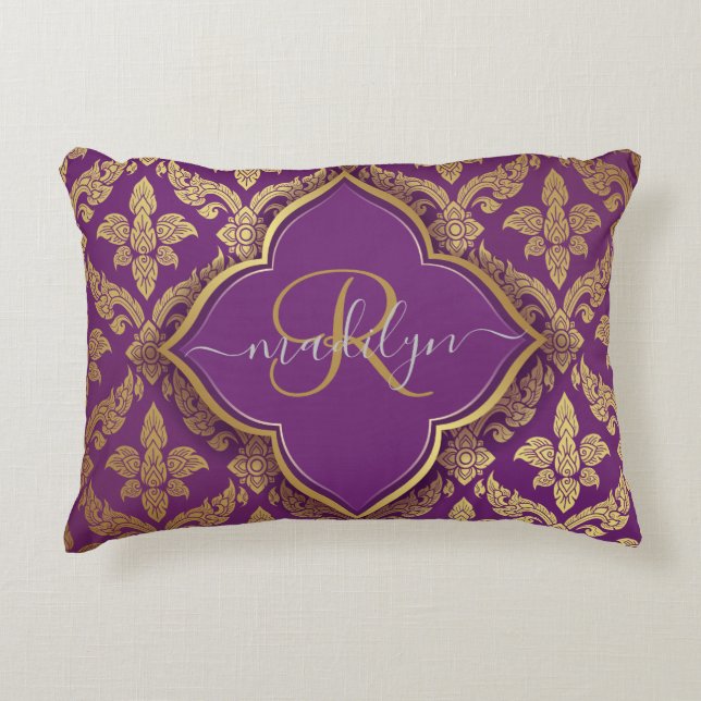 Royal Purple Gold Damask Pattern Fleur Monogram Accent Pillow (Front)