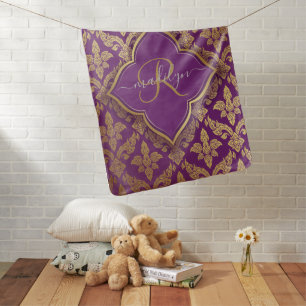 Royal Purple Gold Damask Pattern Fleur Monogram Ba Baby Blanket