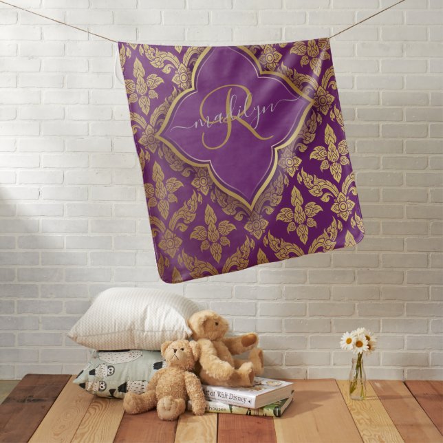 Royal Purple Gold Damask Pattern Fleur Monogram Ba Baby Blanket (In Situ)