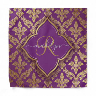 Royal Purple Gold Damask Pattern Fleur Monogram Bandana