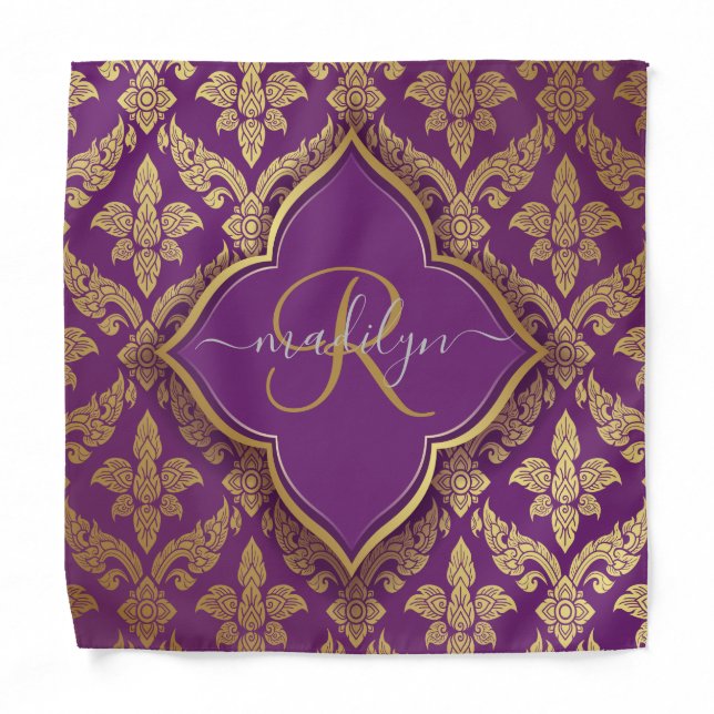 Royal Purple Gold Damask Pattern Fleur Monogram Bandana (Front)