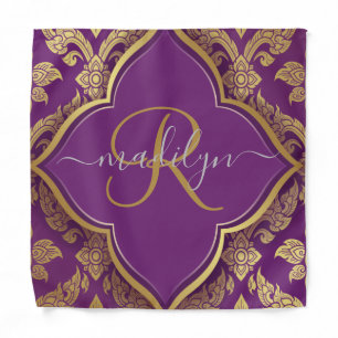 Royal Purple Gold Damask Pattern Fleur Monogram Bandana