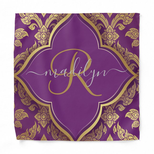 Royal Purple Gold Damask Pattern Fleur Monogram Bandana (Front)