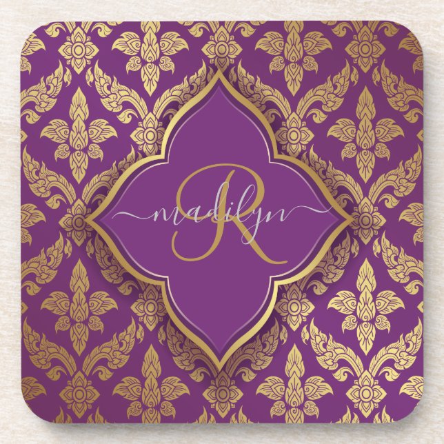 Royal Purple Gold Damask Pattern Fleur Monogram Beverage Coaster (Front)
