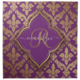 Royal Purple Gold Damask Pattern Fleur Monogram Cloth Napkin