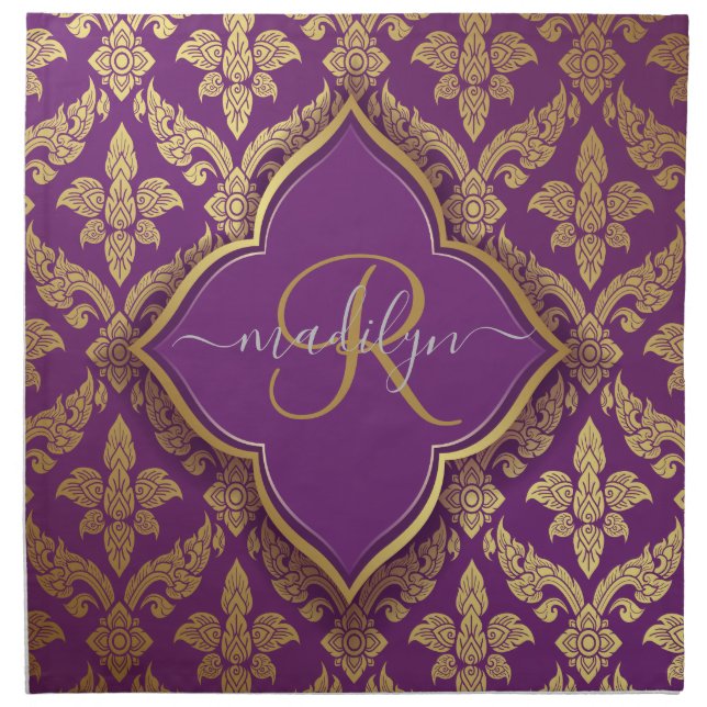 Royal Purple Gold Damask Pattern Fleur Monogram Cloth Napkin (Front)