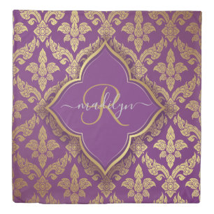 Royal Purple Gold Damask Pattern Fleur Monogram Duvet Cover