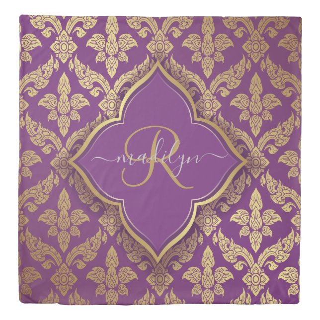 Royal Purple Gold Damask Pattern Fleur Monogram Duvet Cover (Front)