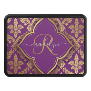 Royal Purple Gold Damask Pattern Fleur Monogram Hitch Cover