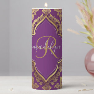 Royal Purple Gold Damask Pattern Fleur Monogram Pillar Candle