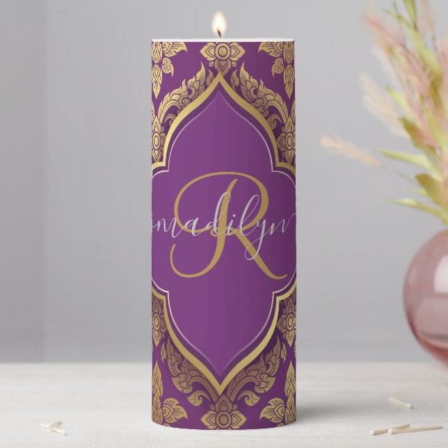 Royal Purple Gold Damask Pattern Fleur Monogram Pillar Candle (In Situ)