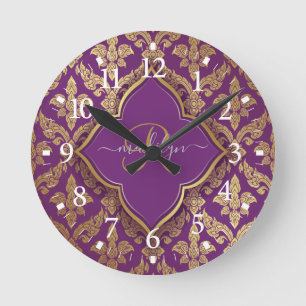 Royal Purple Gold Damask Pattern Fleur Monogram Round Clock