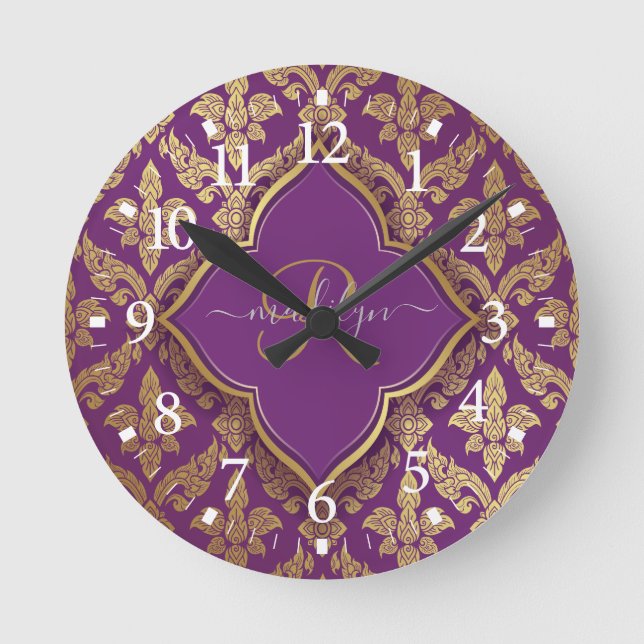 Royal Purple Gold Damask Pattern Fleur Monogram Round Clock (Front)