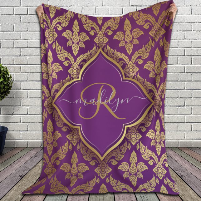 Royal Purple Gold Damask Pattern Fleur Monogram Sherpa Blanket (Creator Uploaded)