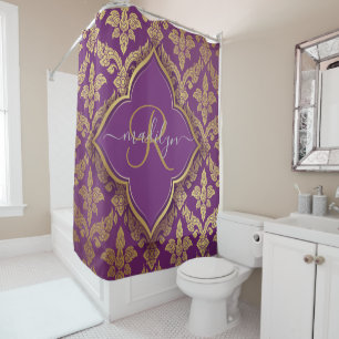 Royal Purple Gold Damask Pattern Fleur Monogram Shower Curtain