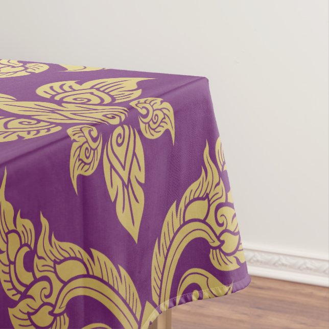 Royal Purple Gold Damask Pattern Fleur Monogram Tablecloth (In Situ)