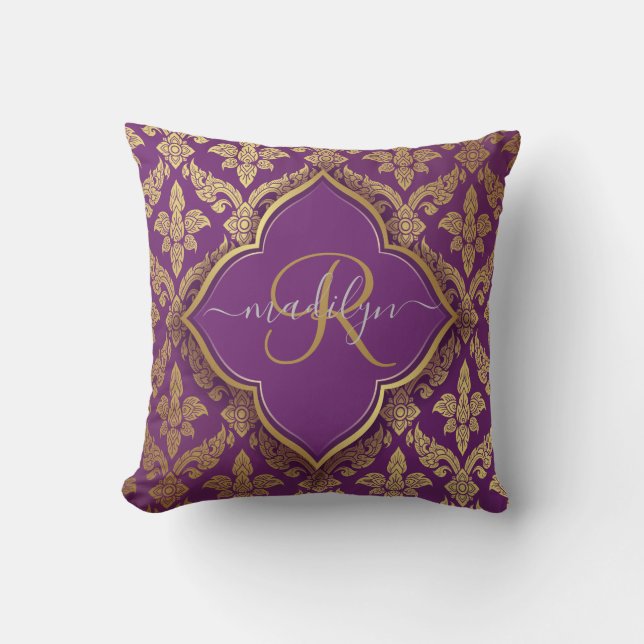 Royal Purple Gold Damask Pattern Fleur Monogram Throw Pillow (Front)