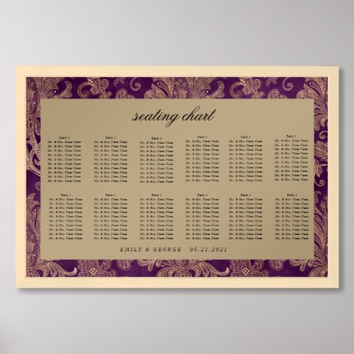 Royal Purple Gold Damask Seating Chart Sign