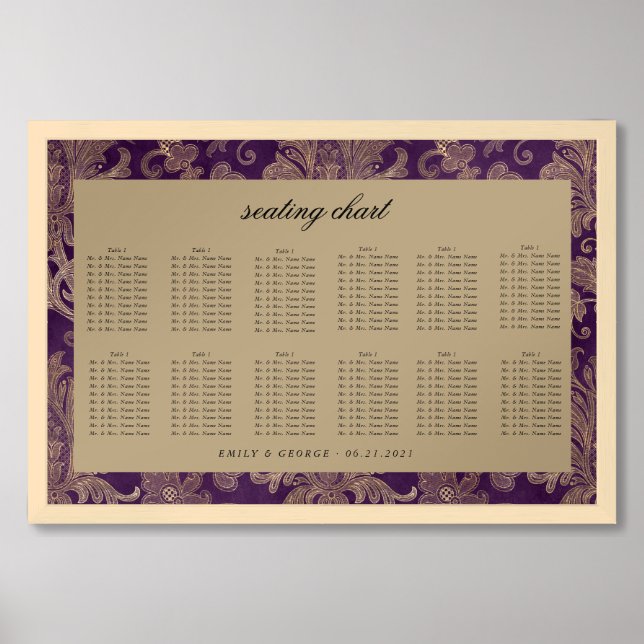 Royal Purple Gold Damask Seating Chart Sign (Framed Front)