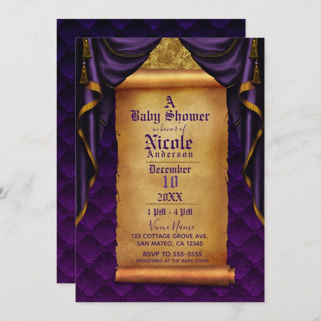 Royal Purple & Gold Drapes Scroll Baby Shower Invitation (Front/Back)