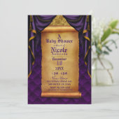 Royal Purple & Gold Drapes Scroll Baby Shower Invitation (Standing Front)