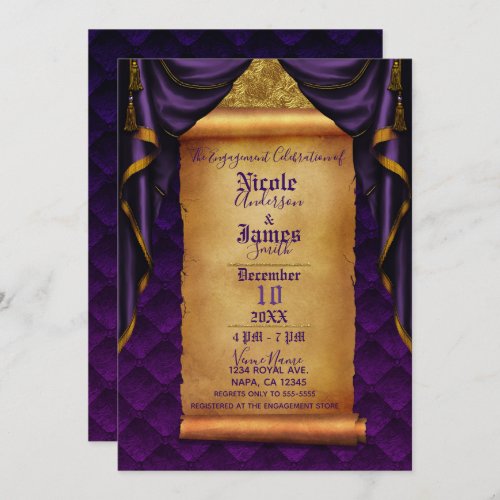 Royal Purple  Gold Drapes Scroll Engagement Party Invitation