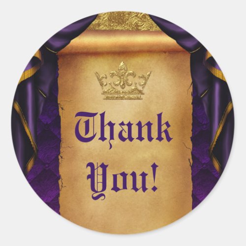 Royal Purple  Gold Drapes Scroll Wedding Favor Classic Round Sticker
