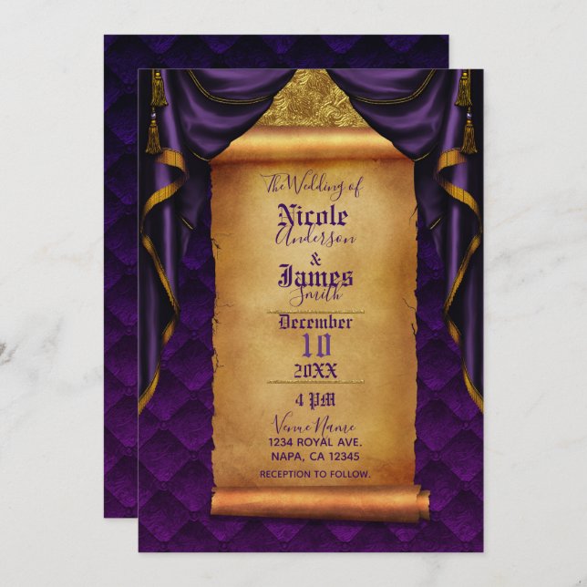 Royal Purple & Gold Drapes Scroll Wedding Invitation (Front/Back)