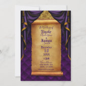 Royal Purple & Gold Drapes Scroll Wedding Invitation (Front)