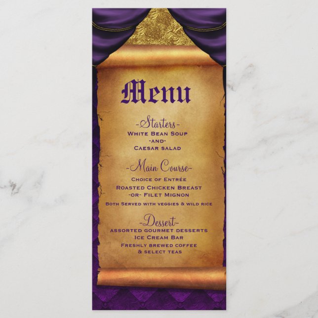 Royal Purple Gold Drapes Scroll Wedding Menu (Front)