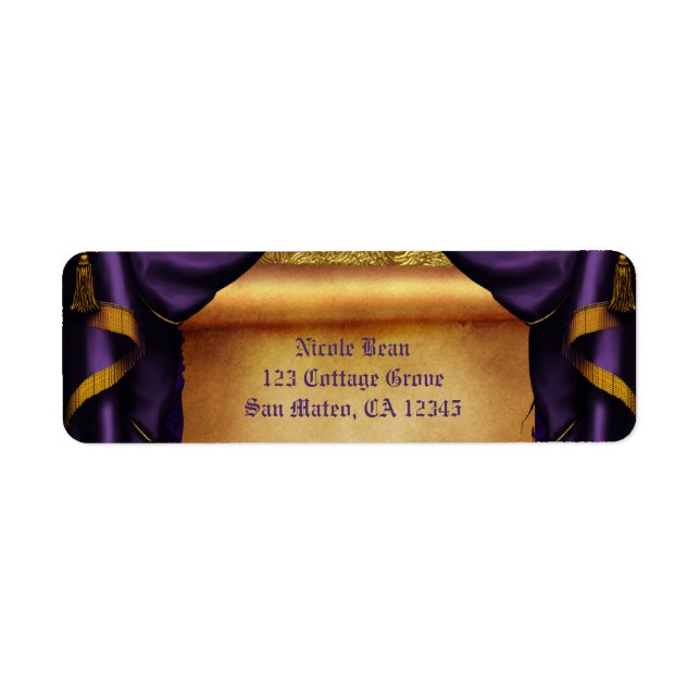 Royal Purple & Gold Drapes Scroll Wedding Party Label (Front)