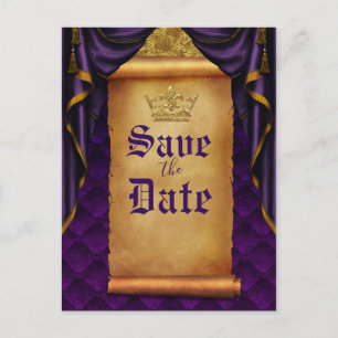 Royal Purple Gold Drapes Scroll Wedding Save Date Announcement Postcard