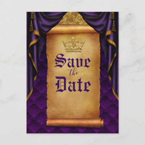 Royal Purple Gold Drapes Scroll Wedding Save Date Announcement Postcard