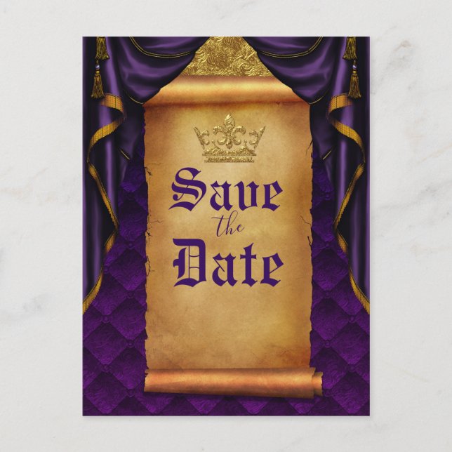 Royal Purple Gold Drapes Scroll Wedding Save Date Announcement Postcard (Front)