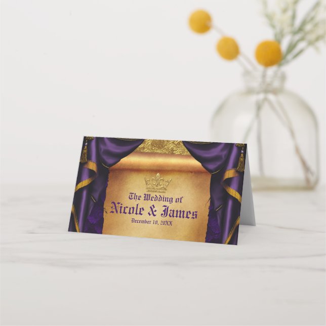 Royal Purple & Gold Drapes Scroll Wedding Table Place Card (Front)