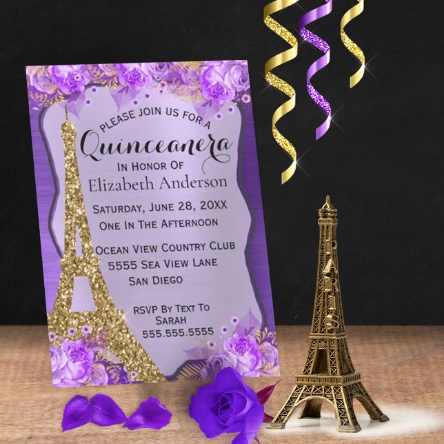 Royal Purple Gold Eiffel Tower Floral  Invitation