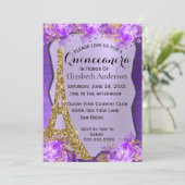 Royal Purple Gold Eiffel Tower Floral  Invitation (Standing Front)