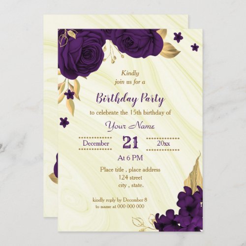 royal purple gold floral birthday party invitation