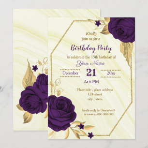 royal purple gold floral geometric birthday party invitation