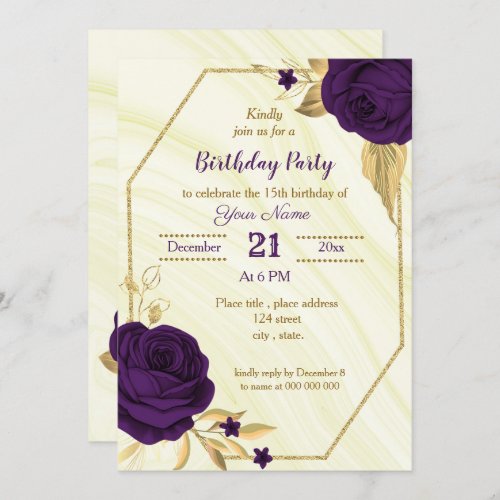 royal purple gold floral geometric birthday party invitation