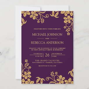 Royal Purple Gold Floral Leaves QR Code Wedding Invitation