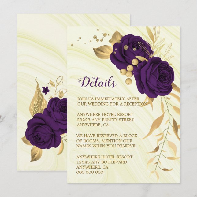 Royal purple gold floral marble details enclosure card (Front/Back)