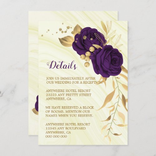 Royal purple gold floral marble details enclosure card