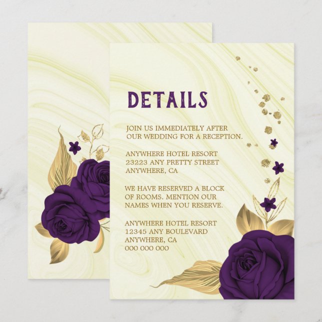 Royal purple gold floral marble details  enclosure card (Front/Back)