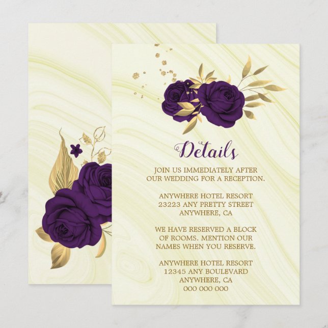 Royal purple gold floral marble details enclosure card (Front/Back)