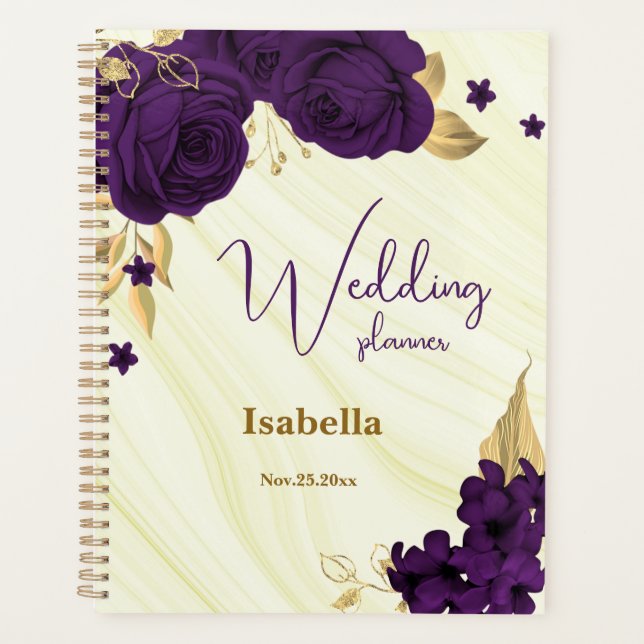 royal purple gold floral marble wedding planner (Front)